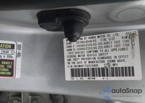 2012 Honda Cr-V Exl z USA, uszkodzony, nr VIN JHLRM4H77CC019400